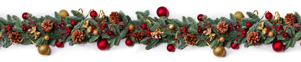 Різдвяна Рамка Дизайну Космос Благородного Ялинкового Гілки Червоні Золоті Прикраси — стокове фото