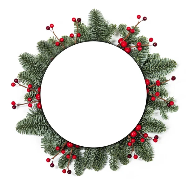 Weihnachten Border Rahmen Von Zweigen Und Roten Beeren Auf Weißem — Stockfoto