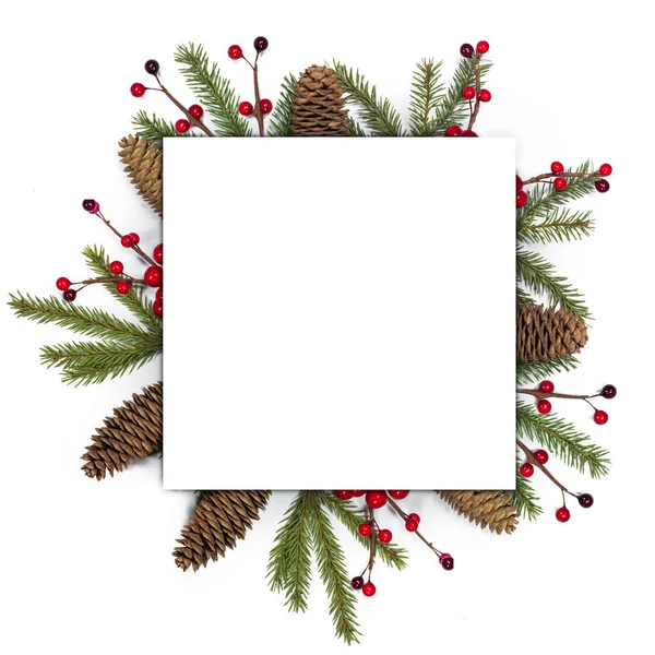 Kerst Witte Blanco Kaart Met Kopieerruimte Decor Van Dennenboom Tak — Stockfoto