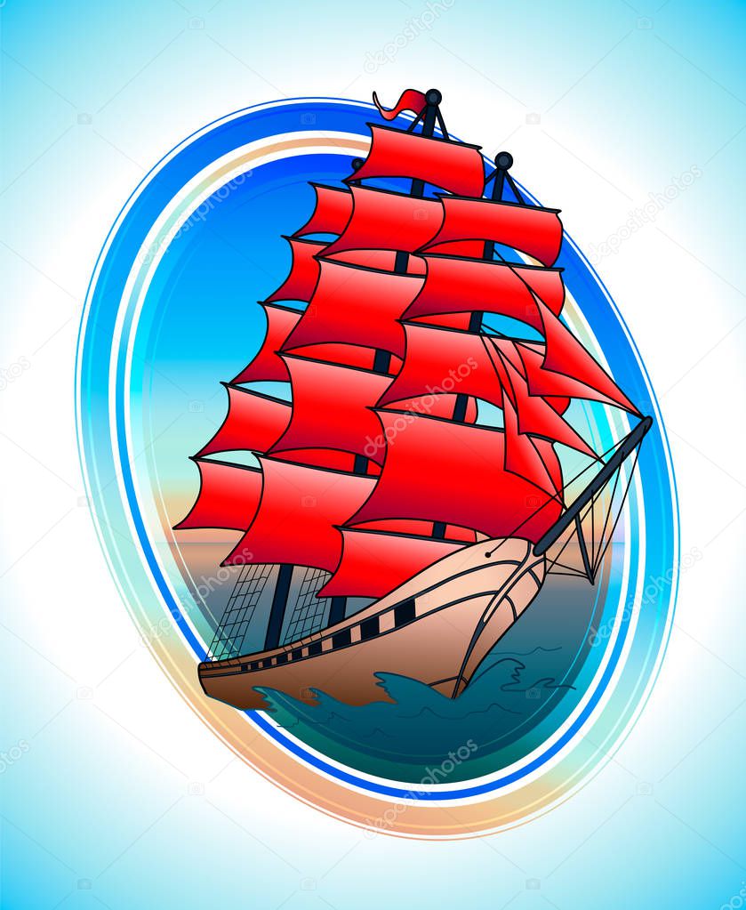 Scarlet sails ship in a circle. Vector draw