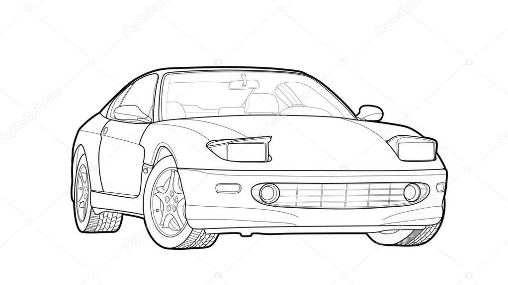 Vector draw of a flat sport car with black lines.