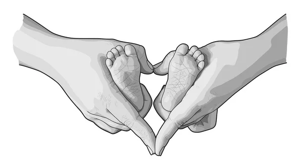 母亲手中的婴儿脚线条草图 快乐孕产概念 手绘病媒图解 — 图库矢量图片