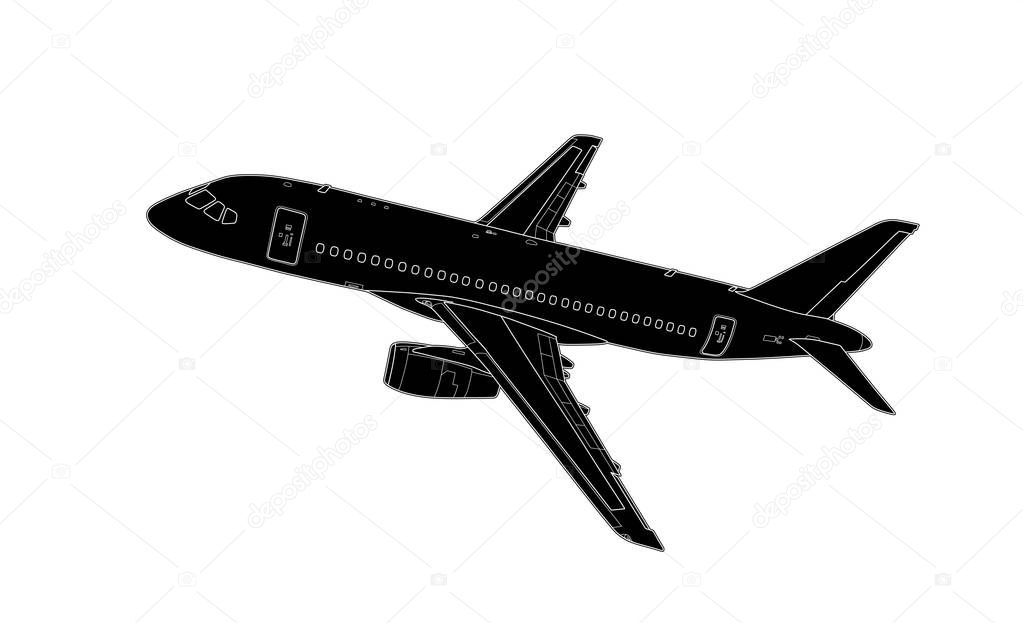 Vector illustration in style of technical drawing of modern russian airliner