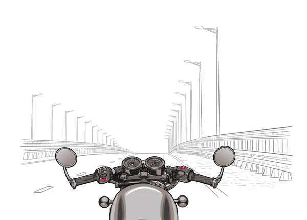 Conducir una motocicleta en una carretera. Vector plano . — Vector de stock