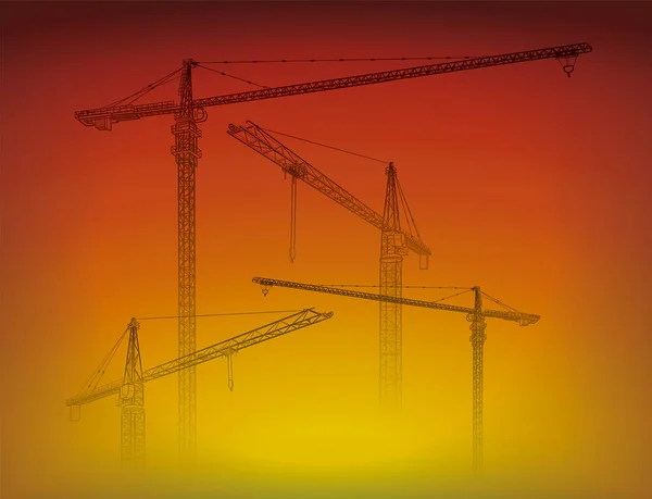 Tower construction crane vector line art on sunset — Stock Vector
