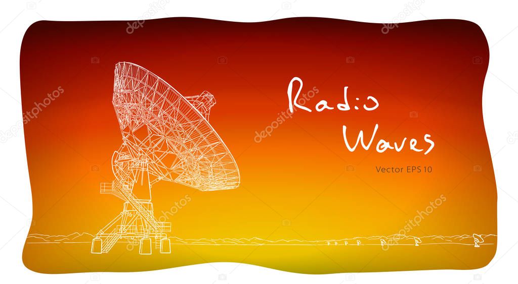 Radio telescope dishes antenna. Vector sketch draw