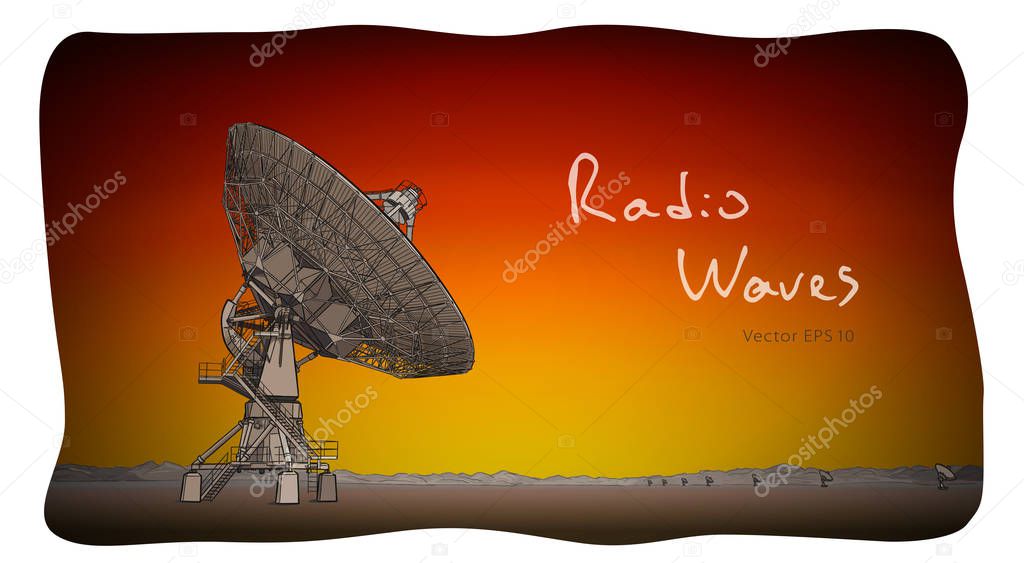 Radio telescope dishes antenna. Vector sketch draw