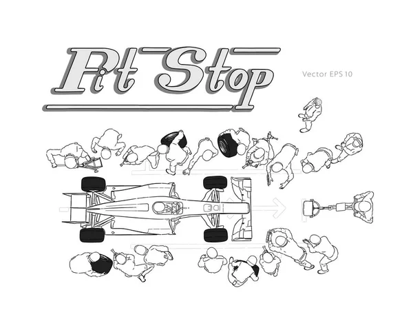 Fórmula carro de corrida em pit stop vetor esboço — Vetor de Stock