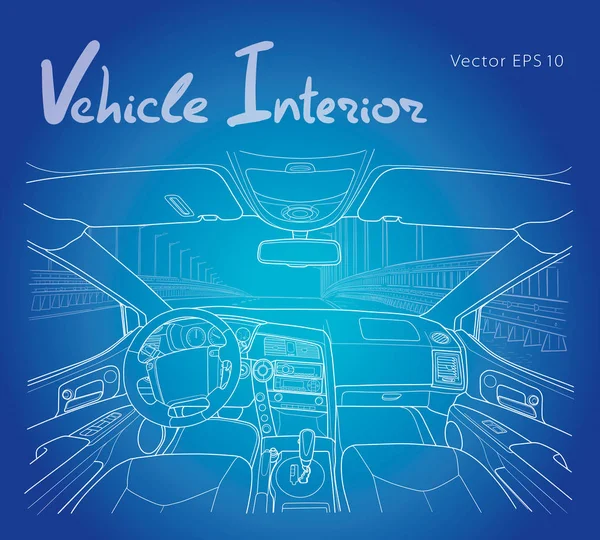 A jármű belseje. Vektorvonal illusztrációja kék háttérrel — Stock Vector