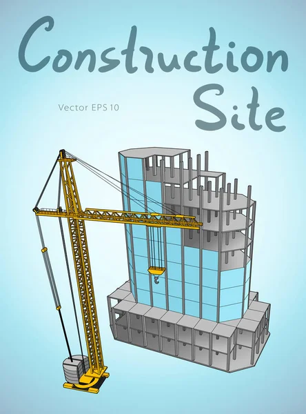 Construção local e torre guindaste. Cidade. Desenho vetorial — Vetor de Stock