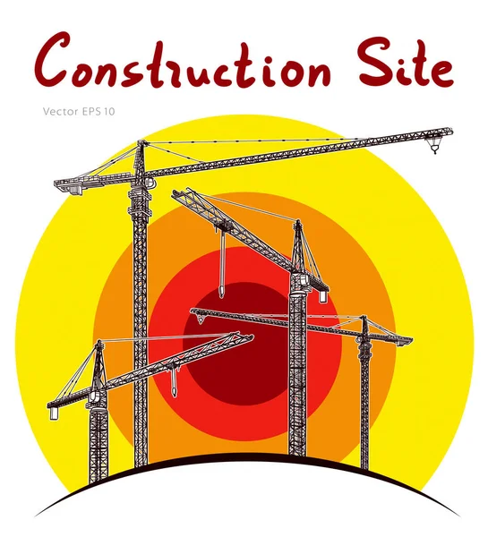 Construction site tower cranes. Vector freehand draw — Stock Vector