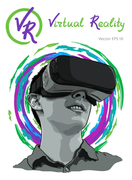 Man met virtual reality bril. Hand getrokken vectorillustratie, schets — Stockvector