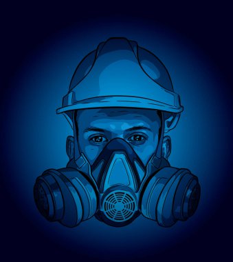 Gaz maskeli erkek yüz ve miğfer vektörü çizimi koyu mavi arkaplana çizilmiş el çizimi