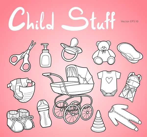 Babyverzorgingsbenodigdheden. Set vector tekeningen in lijn art stijl — Stockvector