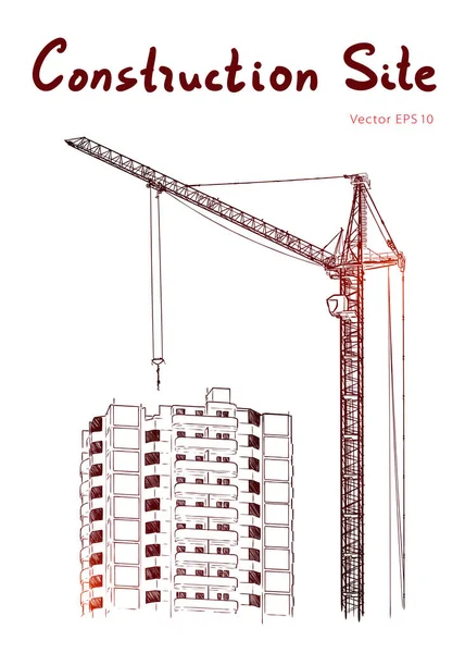 建物の建設とタワークレーン。街だ。ベクトル描画 — ストックベクタ