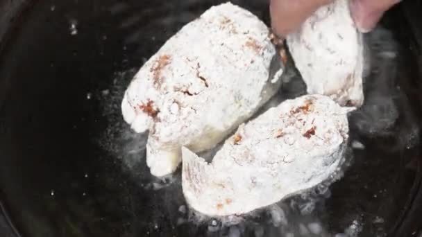 Cook puts pieces of Red Salmon fish in flour on black cooking pan with oil. Grilled Pacific Sockeye Salmon - traditional Asian cuisine — Stock Footage Cook puts pieces of Red Salmon fish in flour on black cooking pan with oil. Grilled Pacific Sockeye Salmon - traditional Asian cuisine Royalty Free Stock Video