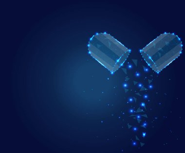 Tıbbi kapsülleri ve hapları olan ilaç geçmişi. Tıbbi, eczane, antibiyotik, sağlık, vitamin, illüstrasyon veya afiş. Çokgen düşük poligonal tasarım. Kablo çerçeve çokgen kavramı