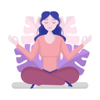 Kız nilüfer pozisyonunda oturuyor, soyutlanmış, fikir arayışı içinde. Farkındalık, meditasyon ve yoga geçmişi. Vücut, zihin ve duygular için sağlık faydaları kavramı. Vektör.
