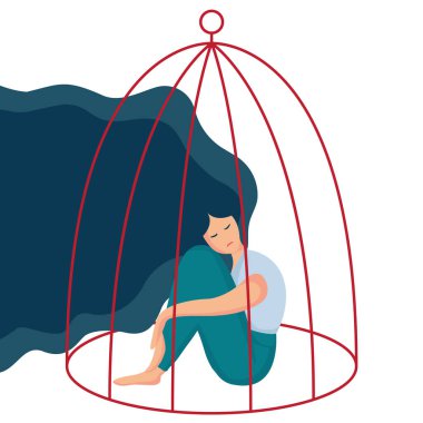 Kız oturuyor, dizlerine sarılıyor.