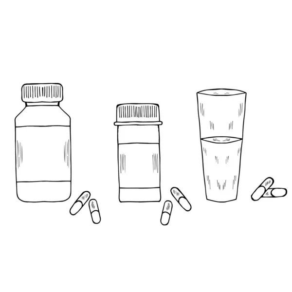 Medicine Bottles Capsule Set Doodle — Stock Vector