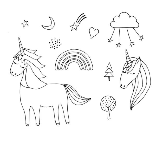 Licorne Arc Ciel Set Doodle — Image vectorielle