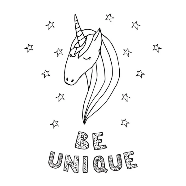Face unicorn doodle bw, lettering 1 - Stok Vektor