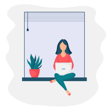 Pencere kenarında oturan kız dizüstü bilgisayar 4