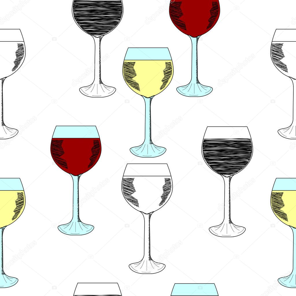 Sketch set of wineglasses, seamless pattern