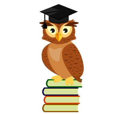 Bir yığın kitabın üzerinde oturan şapkalı baykuş mezunu.