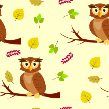 Ağaç dalında baykuşlarla ve sonbahar yapraklarıyla kusursuz desen.