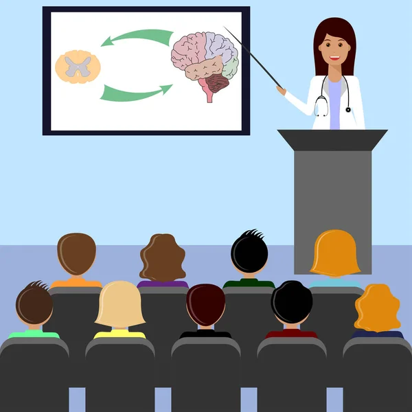 Kadın Doktor Konferans Beyin Omurilik — Stok Vektör