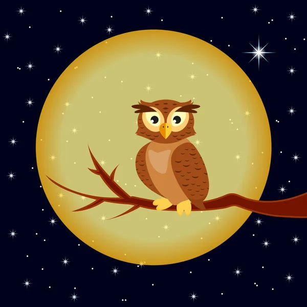 Ilustrasi Burung Hantu Duduk Latar Belakang Bulan Purnama - Stok Vektor