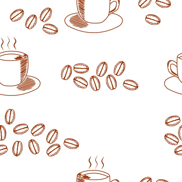 Sömlöst Kaffemönster Med Kaffekopp Och Kaffebönor — Stock vektor