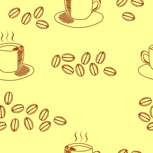 Sömlös Kaffemönster Med Kaffekopp Och Kaffebönor — Stock vektor