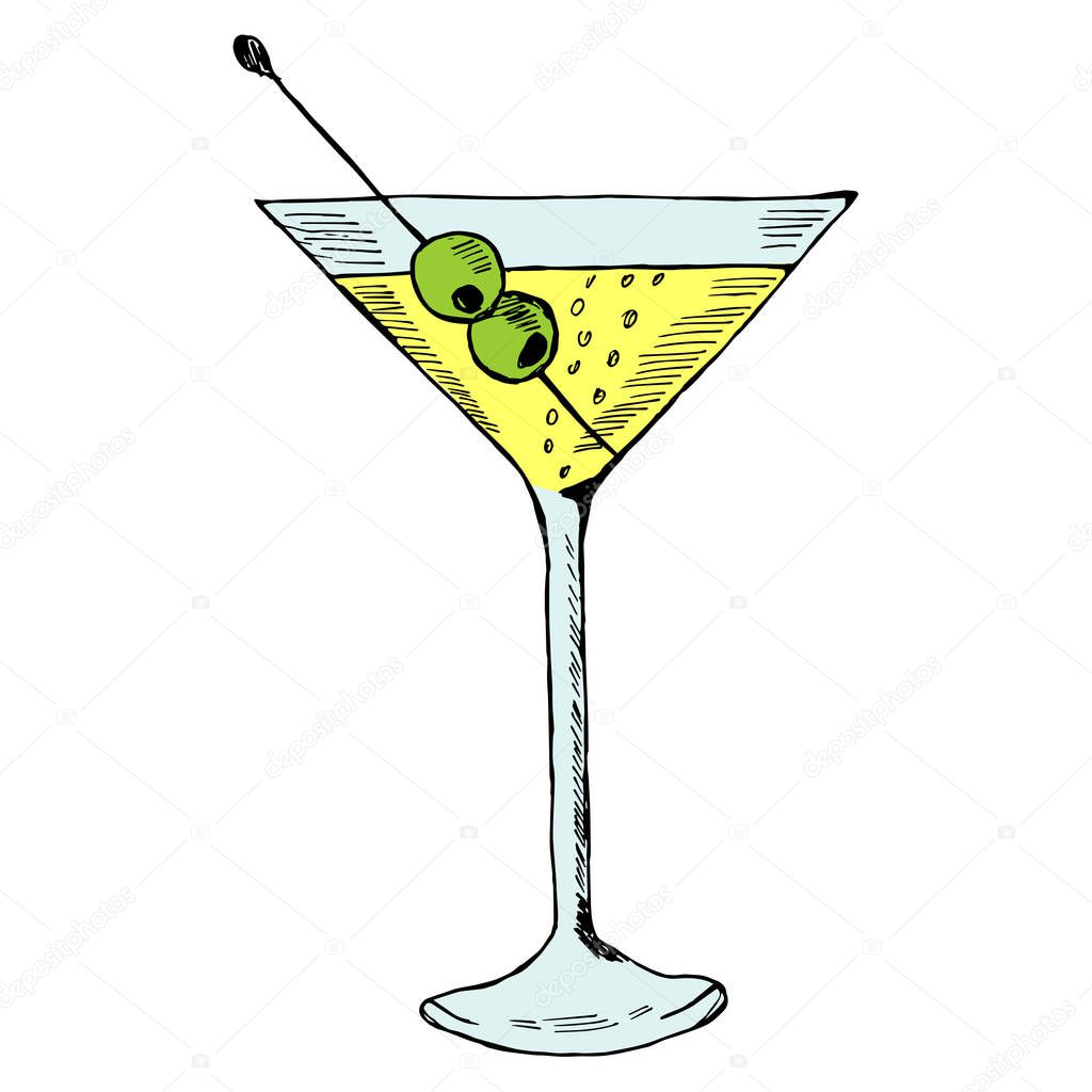 Martini with olive in glass in color