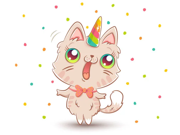 Illustration Vectorielle Chat Mignon Avec Corne Licorne Dans Style Kawaii — Image vectorielle