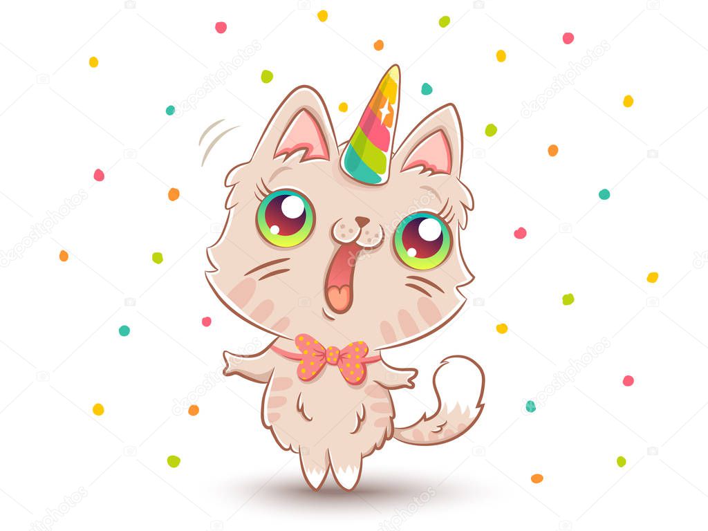 Vector illustration of a cute cat with unicorn horn in kawaii style. Cute vector white cat like unicorn with confetti.