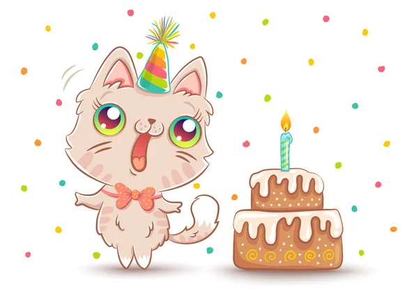 Vector cute cat with Birthday cake in kawaii style. Happy birthday! White kitty in birthday hat.