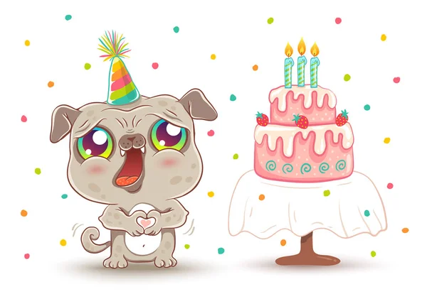 Vector Lindo Pug Con Tarta Cumpleaños Fresa Estilo Kawaii Feliz — Archivo Imágenes Vectoriales