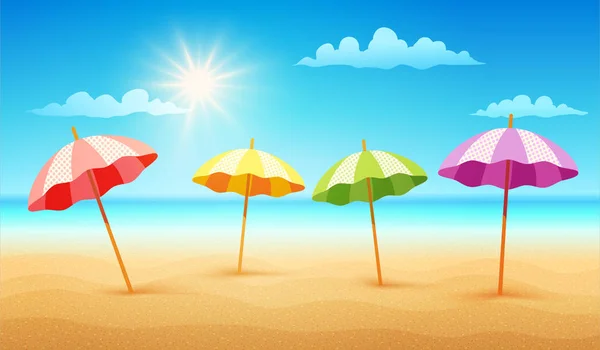 Vector Εικονογράφηση Ένα Άδειο Τροπική Παραλία Στην Καλοκαιρινή Μέρα Ομπρέλες — Διανυσματικό Αρχείο