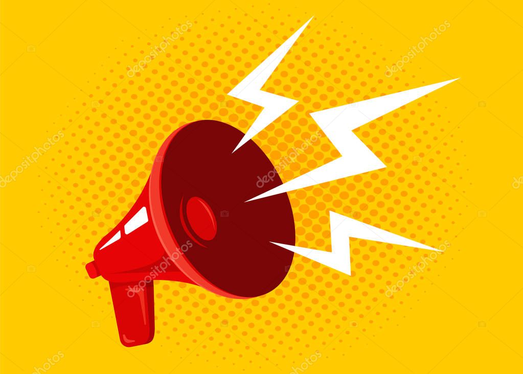 Vector icon of a vintage megaphone. Vector vintage poster with red retro megaphone.