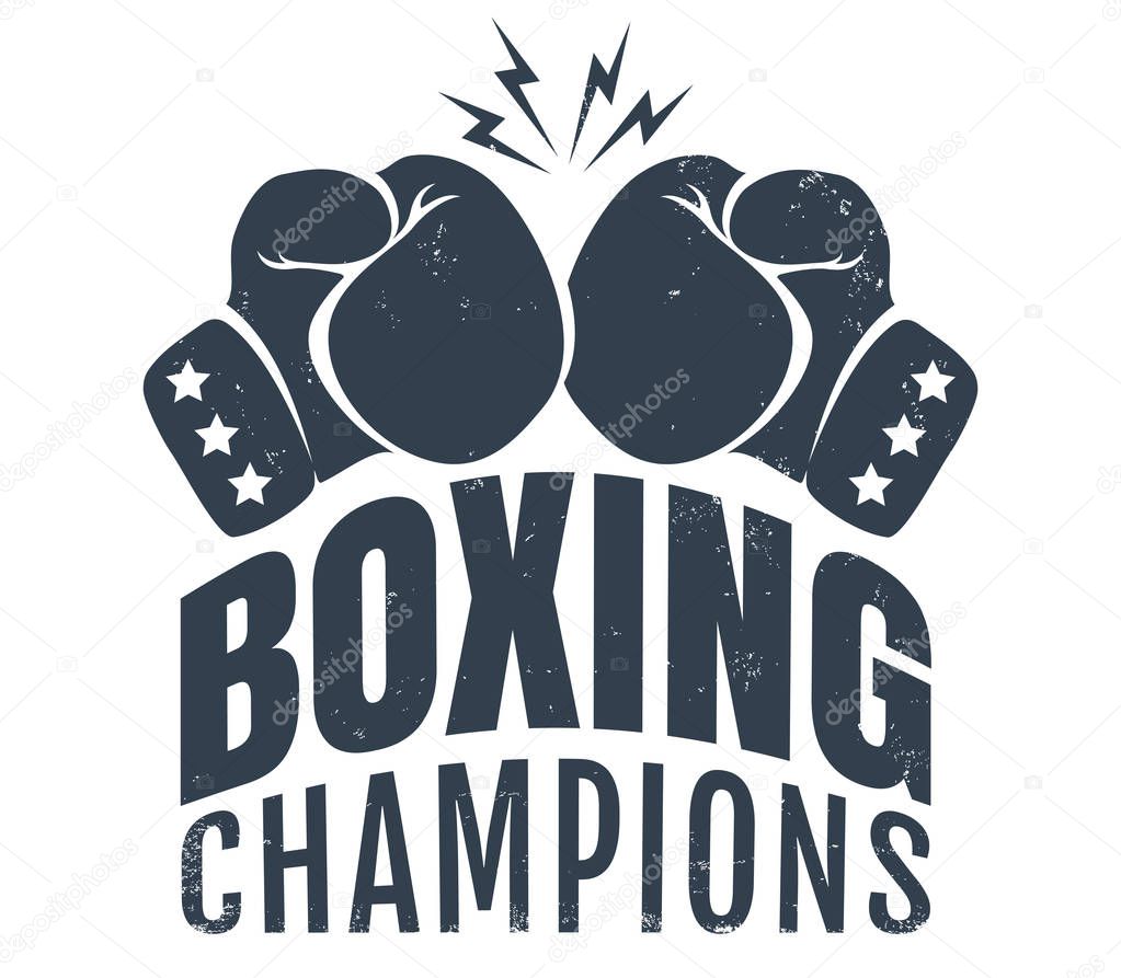 Vector vintage emblem for a boxing with two gloves. Retro logo for boxing champions.