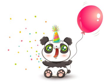 Vektör kawaii tarzı pembe balon sevimli pandayla. Doğum günün kutlu olsun! Doğum günü şapkalı sevimli panda.