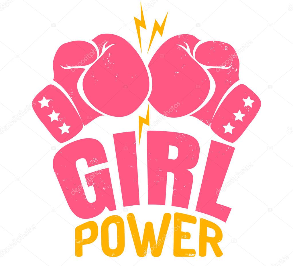 Vector vintage logo for a boxing with two pink gloves. Retro emblem for women boxing. Poster Girl power