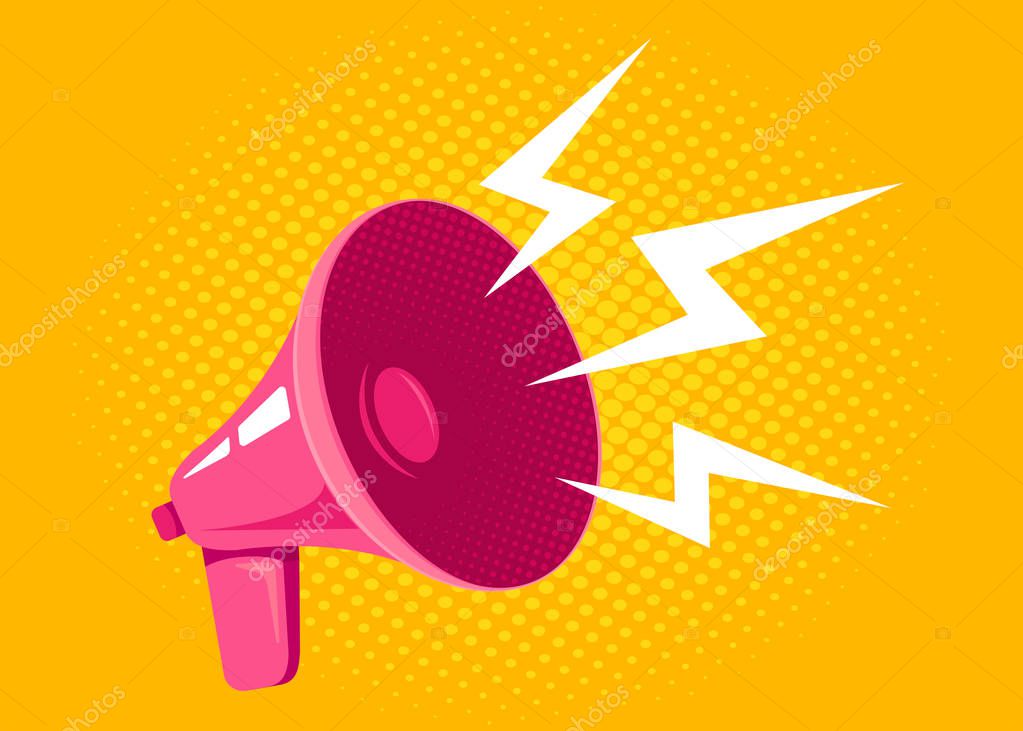 Vector icon of vintage pink megaphone. Vector retro megaphone on halftone yellow background.
