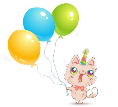 Vektör balonlar kawaii tarzı ile şirin kedi. Doğum günün kutlu olsun! Balonlar ile şirin kedi.