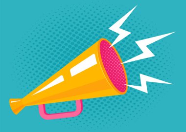 Vintage bir sarı Megafon vektör simgesi. Vektör retro megafon noktalı resim arka plan üzerinde.