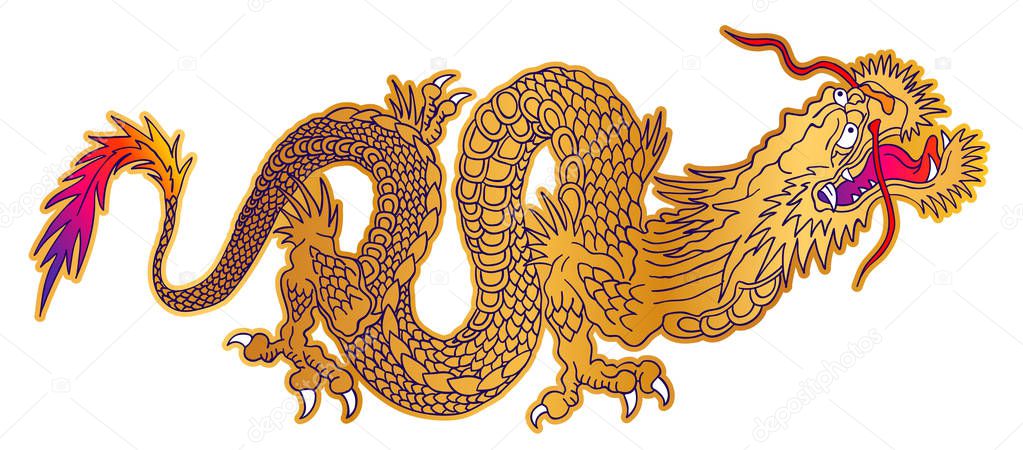 Vector illustration of a chinese golden dragon. Tattoo with golden japanese dragon.