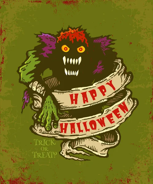 Cartão Postal Vintage Com Fita Monstruosa Antiga Para Halloween Cartaz — Vetor de Stock