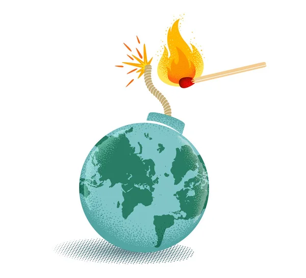 Векторный Винтажный Плакат Бомбы Картой Мира Спичкой Огне Земля Бомба — стоковый вектор